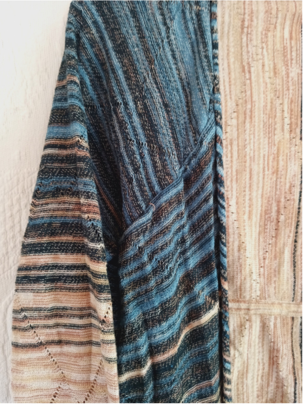 Pointelle Open Front waterfall Cardigan Beige Blue Striped knit sweater diamond - Picture 3 of 10